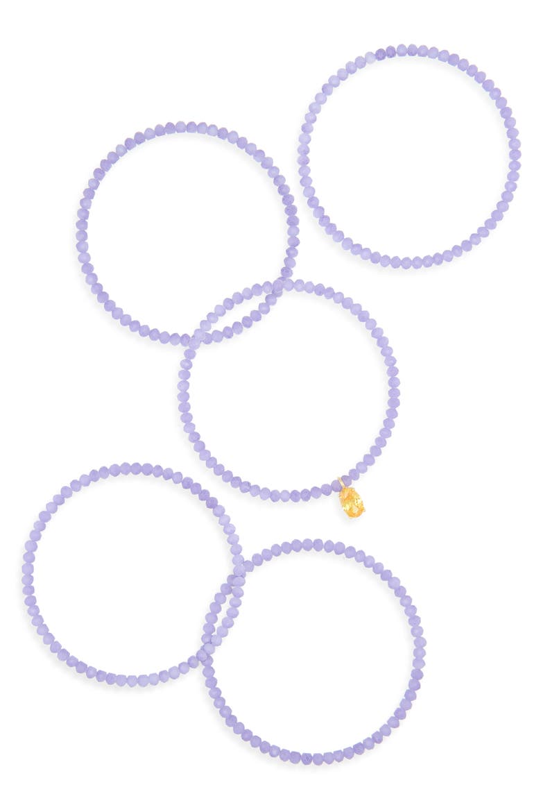 Set of 5 Cubic Zirconia Charm Beaded Stretch Bracelets, Alternate, color, YELLOW- PURPLE- GOLD