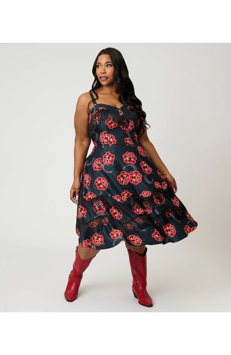 Unique Vintage Plus Size Fringe Swing Dress, Main, color, Black W/ Floral Print