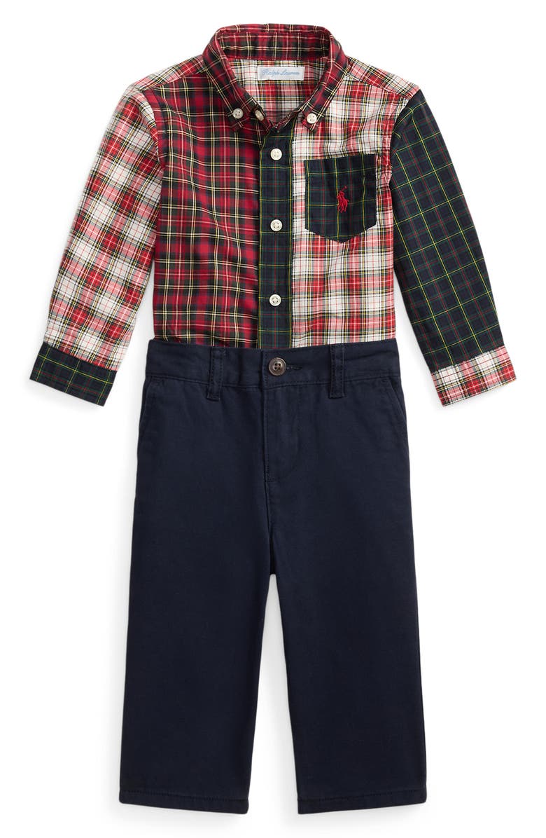 Ralph Lauren Plaid Poplin Button-Down Shirt & Pants Set, Main, color, Red/ Blue Multi