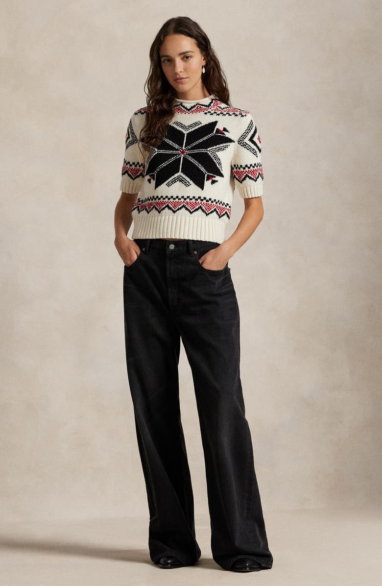 Polo Ralph Lauren Snowflake Mock Neck Short Sleeve Wool, Cotton & Alpaca Sweater, Alternate, color, Authentic Cream Multi