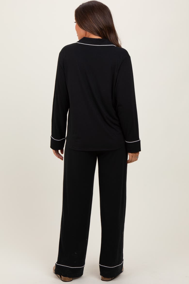 Button Down Top Wide Leg Pant Pajama Set, Alternate, color, Black