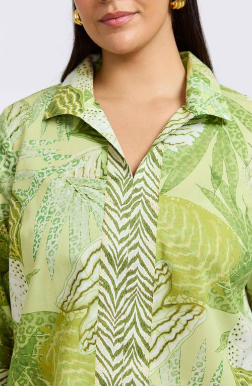 Foxcroft Agnes Mixed Print Three-quarter Sleeve Cotton Popover Top In Green Multi