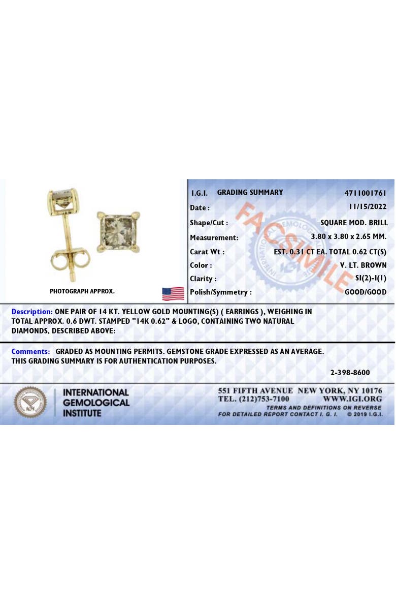 Haus of Brilliance 14K Yellow Gold 5/8 Cttw Princess Natural Brown Diamond 4-Prong Stud Earrings, Alternate, color, Yellow