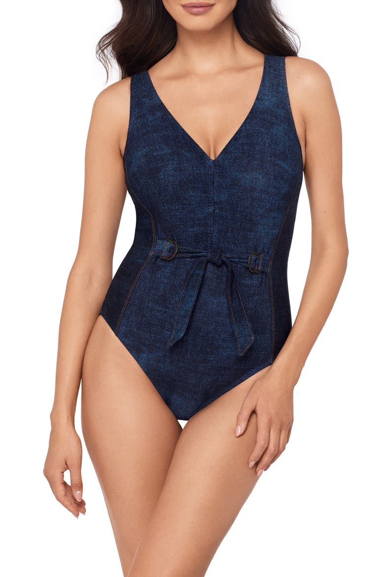 Billie Jean Shania Belted Underwire One-Piece Swimsuit, Main, color, DENIM BLUE