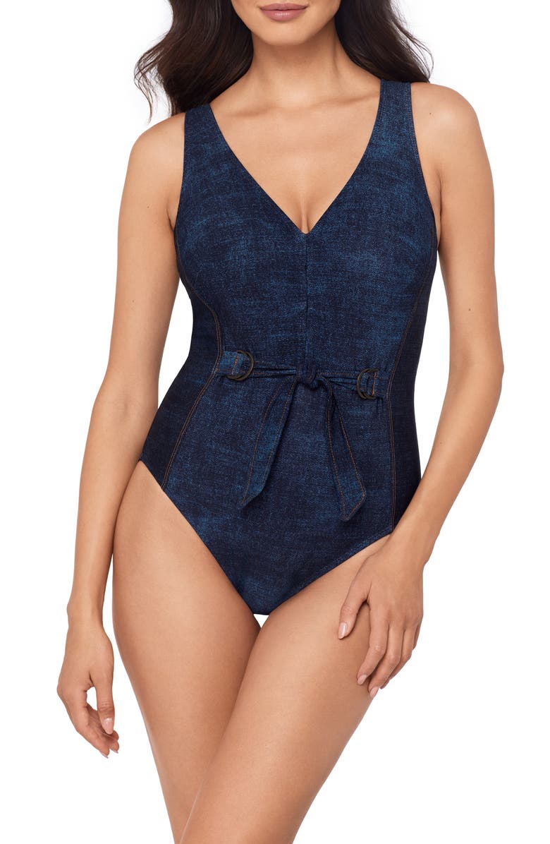 Magicsuit<sup>®</sup> Billie Jean Shania Belted Underwire One-Piece Swimsuit, Main, color, Denim Blue