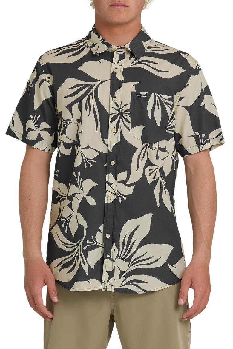 Kailua Floral Classic Short Sleeve Cotton Button-Up Shirt, Main, color, IRON GATE
