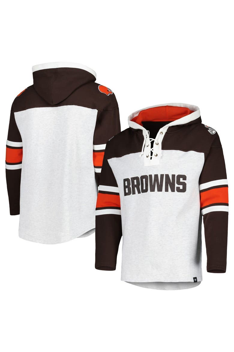 Men's '47 Cleveland Browns Heather Gray Gridiron Lace-Up Pullover Hoodie, Main, color, Heather Gray
