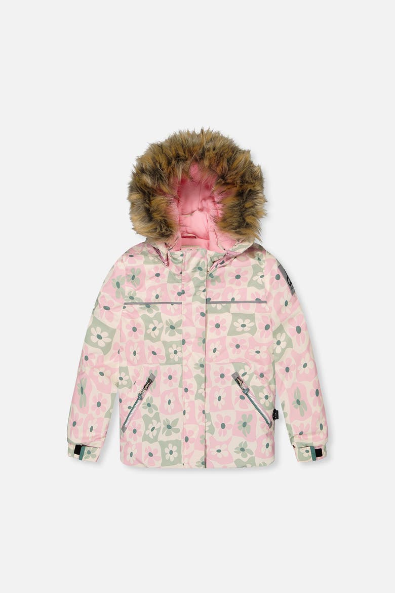 Discover Retro Faux Fur Hood Jacket & Suspender Pants Two Piece Snowsuit, Alternate, color, White with Retro Pink Print