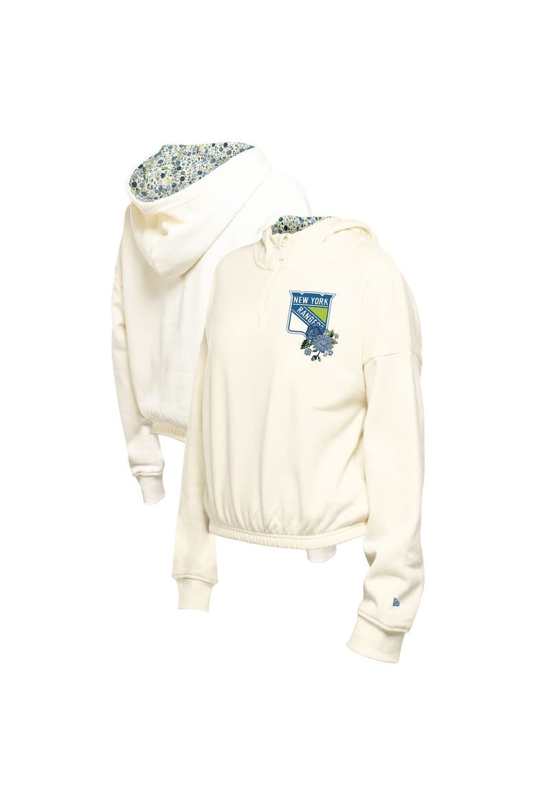 Women's New Era Cream New York Rangers Glam Game Quarter-Zip Cropped Floral Hoodie Pullover, Main, color, Cream