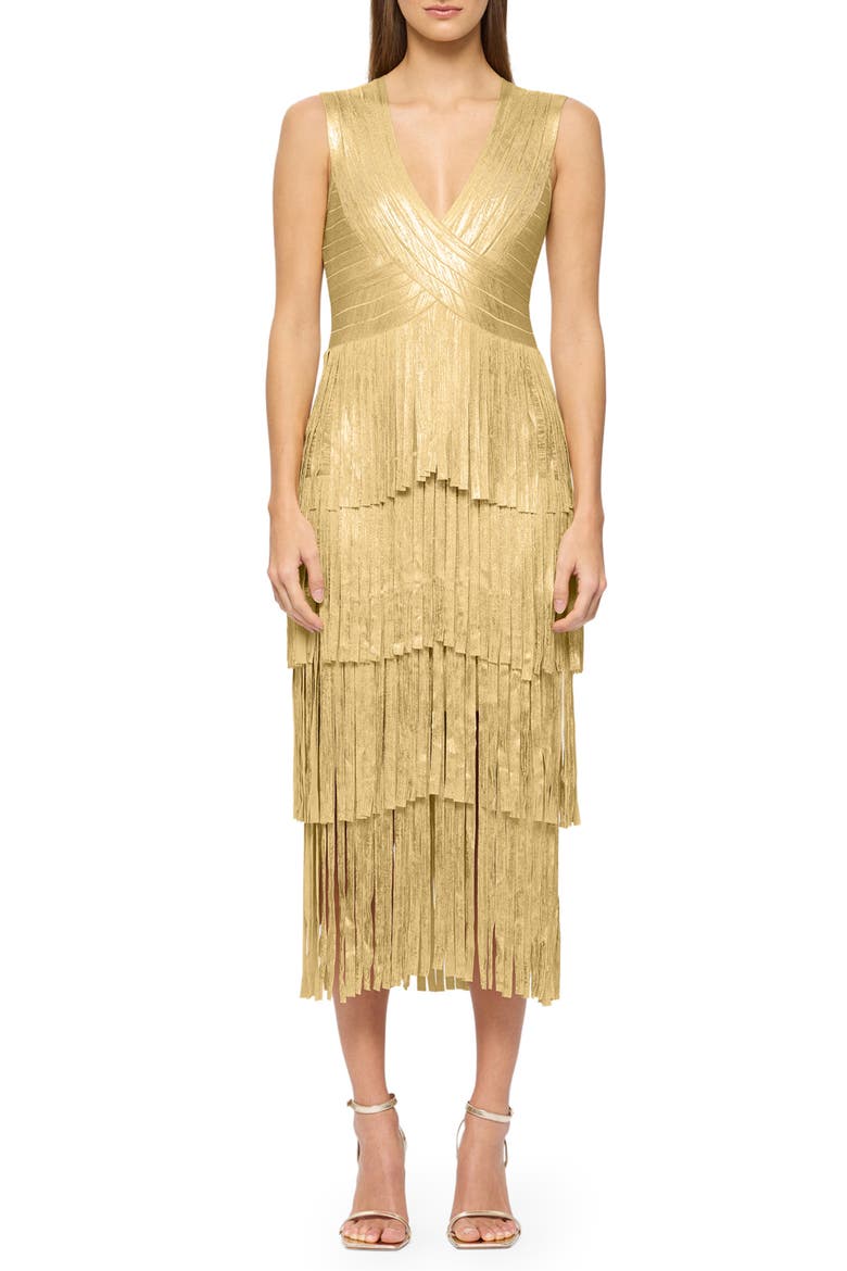 Pleated Tiered Metallic Foil Cocktail Midi Dress, Main, color, GOLD FOIL