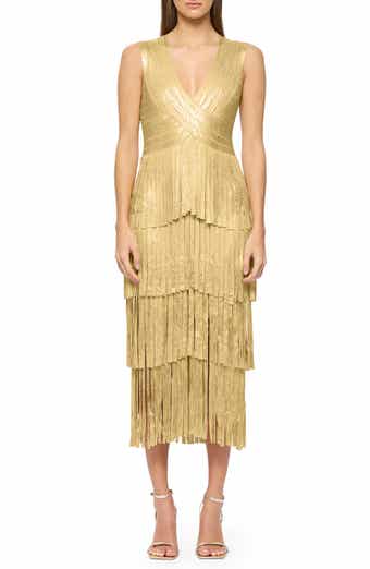 Herve Leger Pleated Tiered Metallic Foil Cocktail Midi Dress