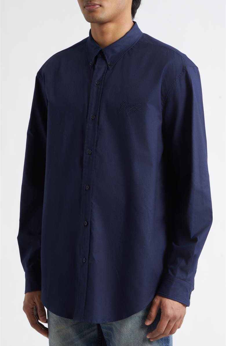 Balmain Monogram Embroidery Cotton Button-Down Shirt, Alternate, color, Marine
