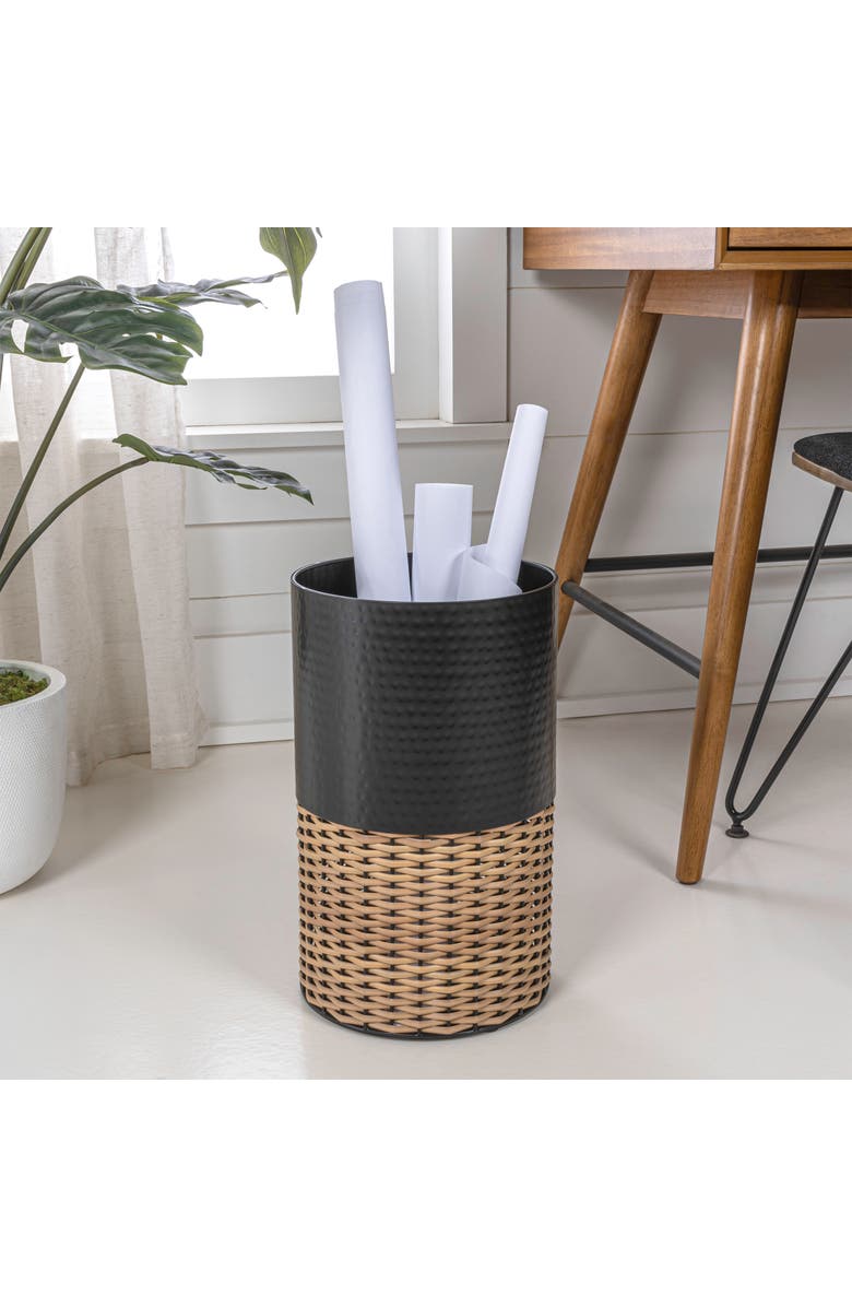 HAPPIMESS Asher Modern 2-Tone Natural Wicker/Metal Cylinder Waste Basket, Alternate, color, Black/Natural