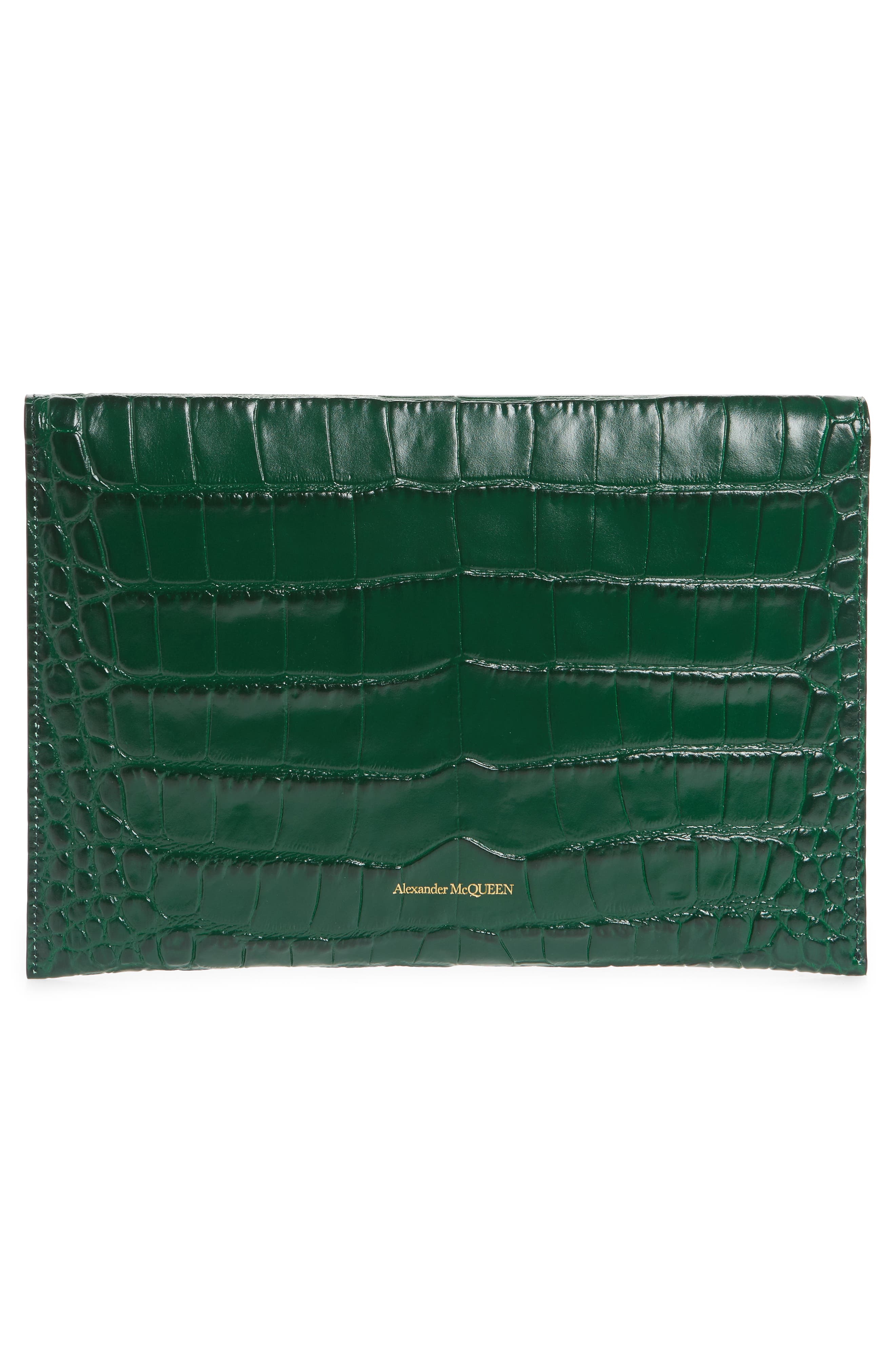 McQueen Alexander McQueen Croc Embossed Leather Envelope Clutch, Alternate, color, 
