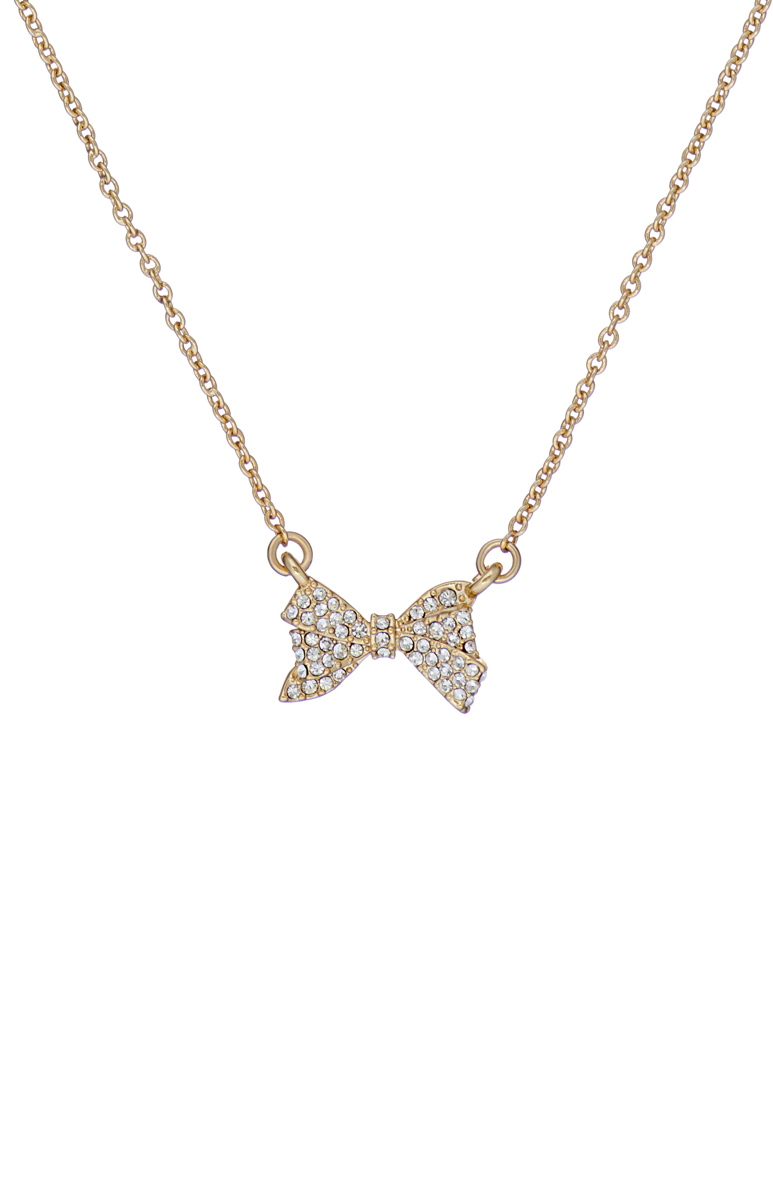 Silver Crystal Bow Pendant Necklace – Rhodium Plated, 16 Inch, Rhinestone Bow #N2330
