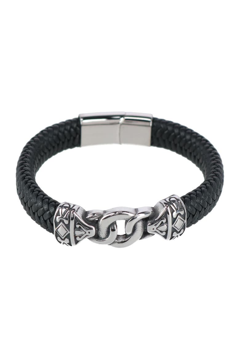 Silver Interlock Pattern on Black Leather Bracelet, Main, color, Black