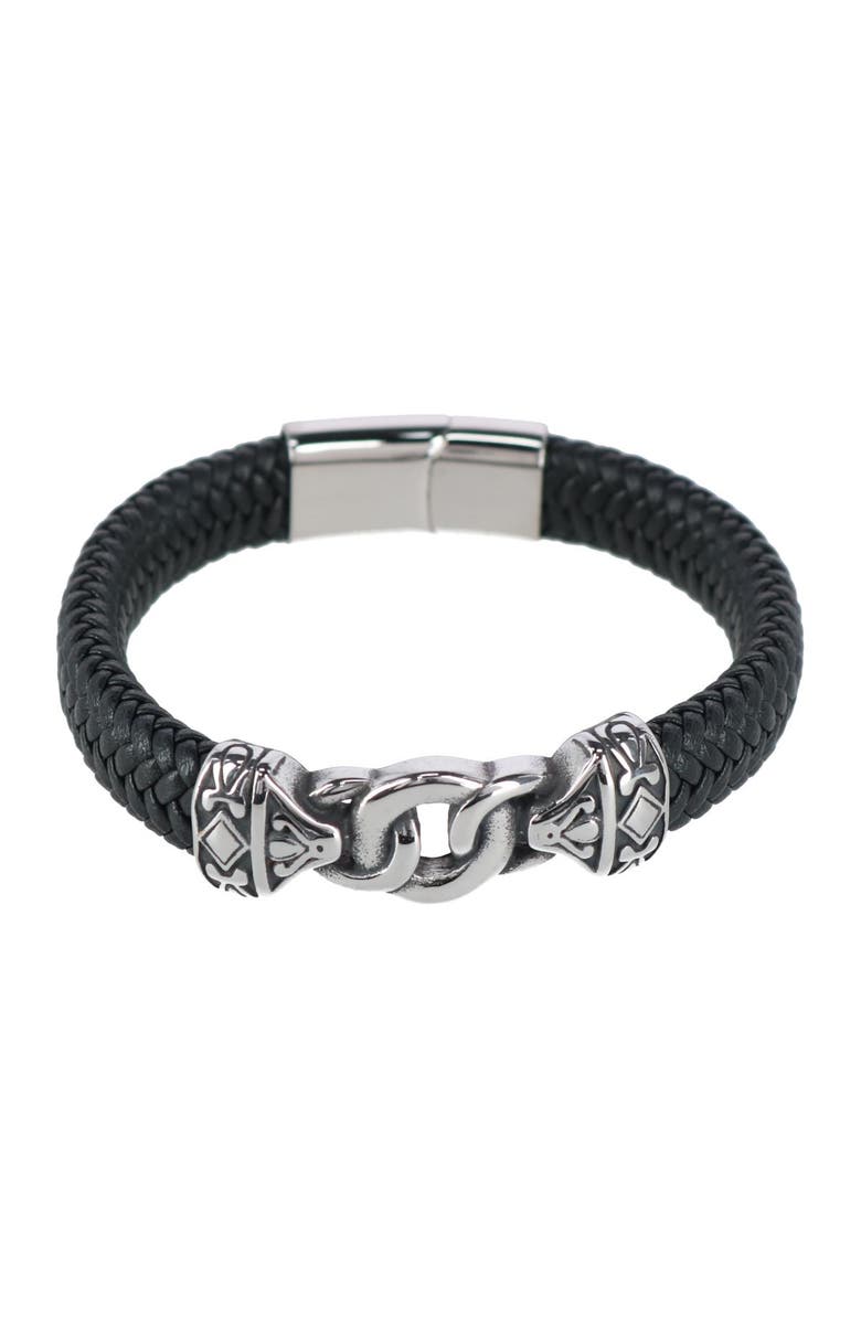 Trafalgar Loose Fit Silver Interlock Pattern on Black Leather Bracelet, Main, color, Black
