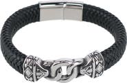 Trafalgar Silver Interlock Pattern on Black Leather Bracelet