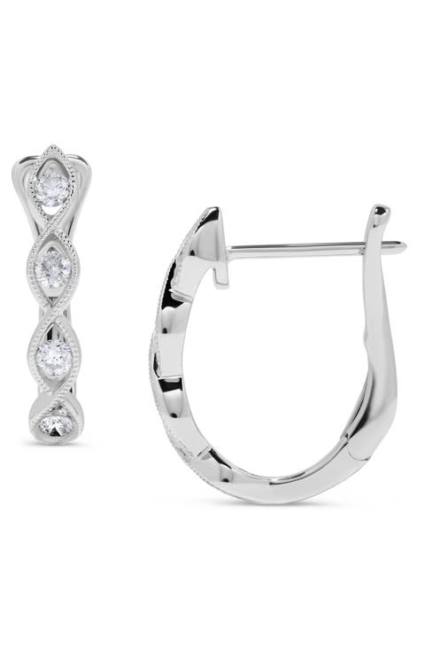 14K White Gold Diamond Milgrain Huggie Hoop Earrings