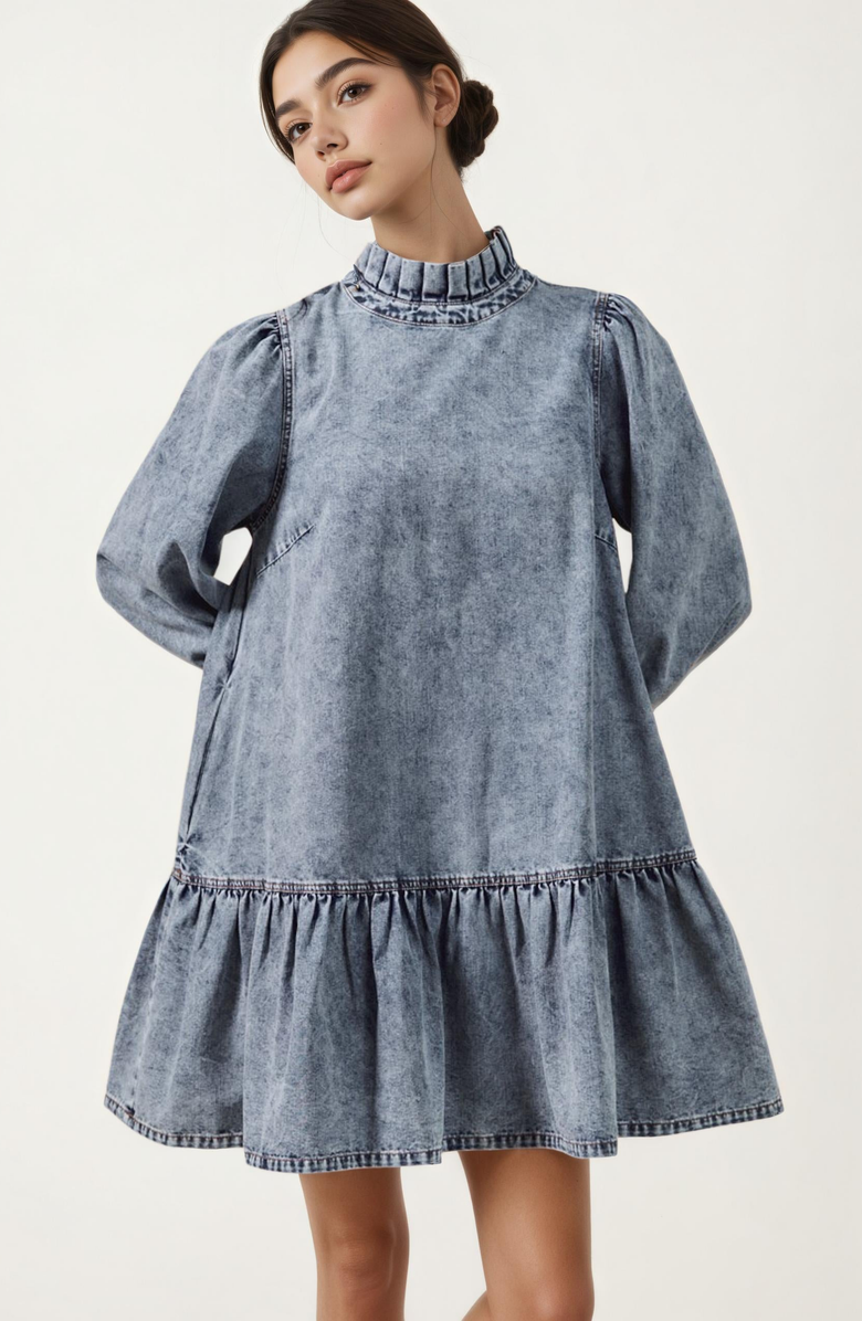 Knit and Lounge Pleated Mock Neck Long Sleeve Ruffle Hem Denim Dress, Alternate, color, Blue