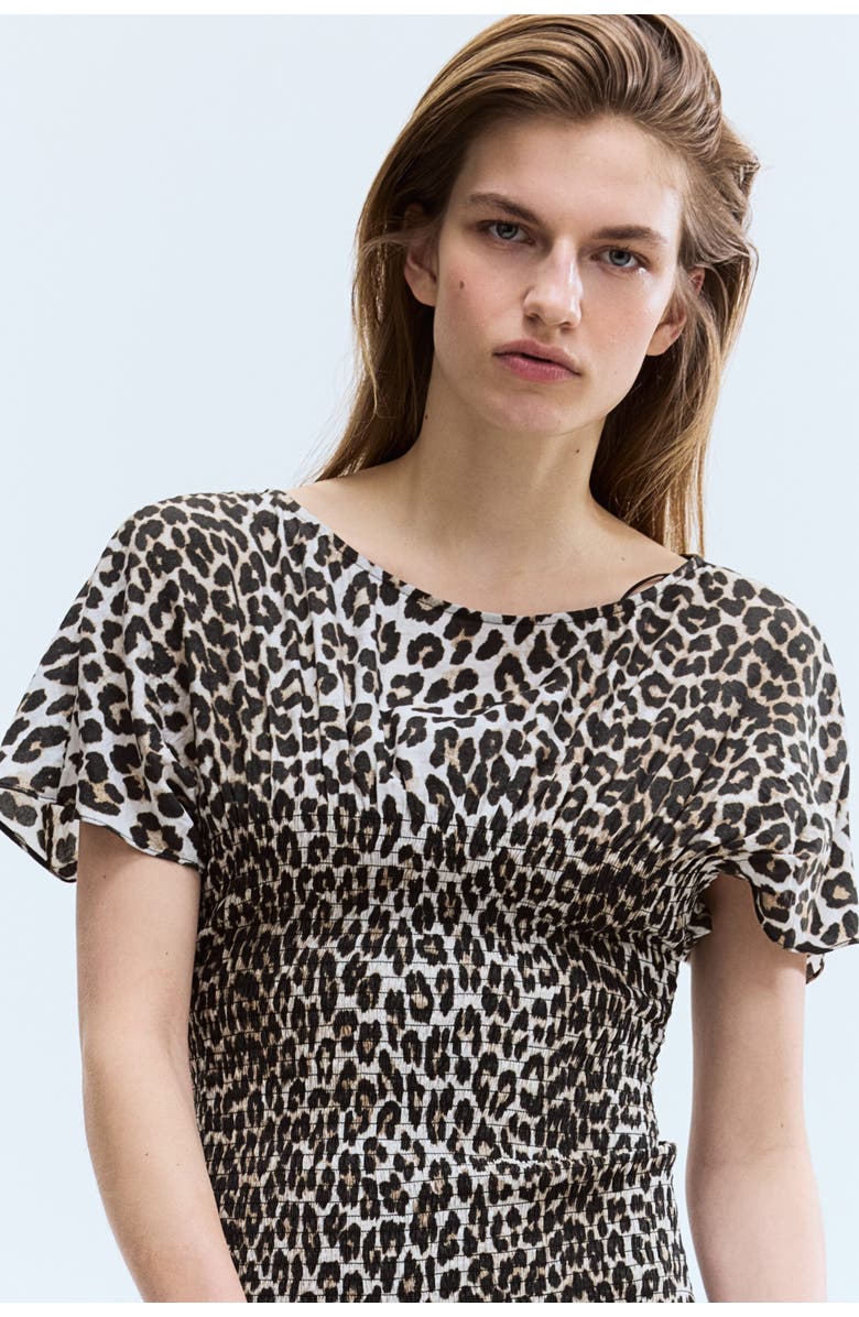 H&M Smocked-detail Dress, Alternate, color, Light Beige/Leopard Print