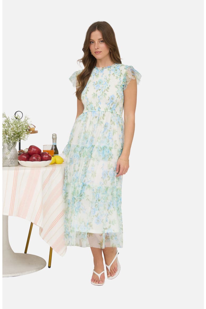 Floral Smocked Tiered A-Line Dress, Alternate, color, BLUE MULTI