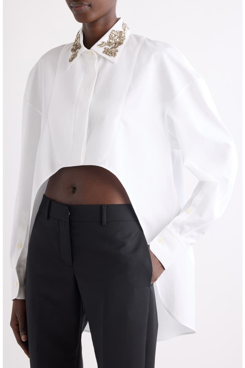 Embellished High-Low Cotton Poplin & Piqué Button-Up Shirt, Alternate, color, WHITE