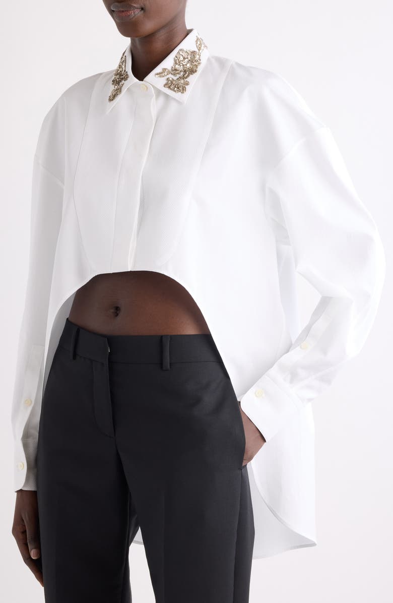 Givenchy Embellished High-Low Cotton Poplin & Piqué Button-Up Shirt, Alternate, color, White