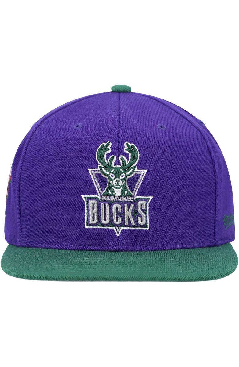Mitchell & Ness Men's Mitchell & Ness Purple/Hunter Green Milwaukee Bucks Hardwood Classics 40th Anniversary Team Side Fitted Hat, Alternate, color, 