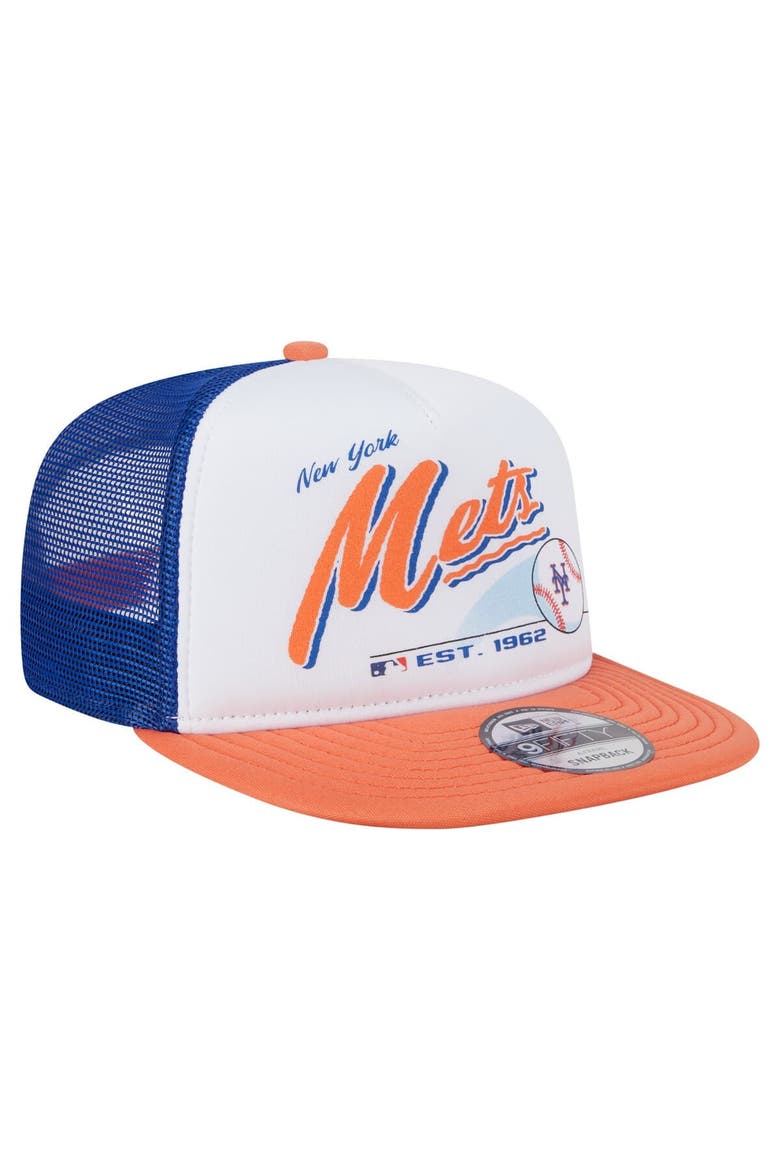Men's New Era White/Orange New York Mets Retro Script Trucker 9FIFTY Snapback Hat, Alternate, color, White