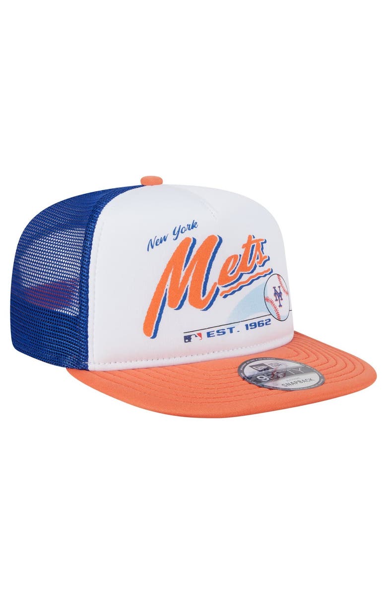 New Era Men's New Era White/Orange New York Mets Retro Script Trucker 9FIFTY Snapback Hat, Alternate, color, White