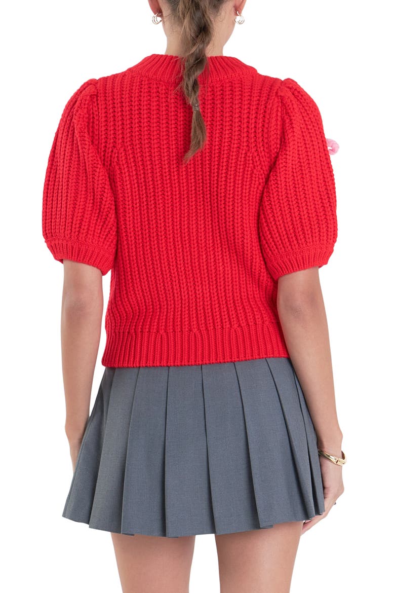 Bow Embellished Puff Sleeve Sweater, Alternate, color, RED