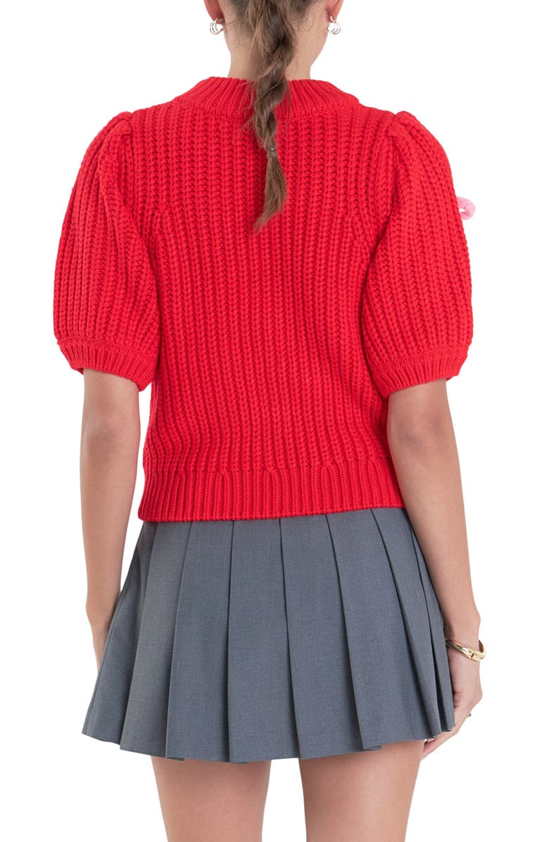 English Factory Bow Embellished Puff Sleeve Sweater, Alternate, color, Red