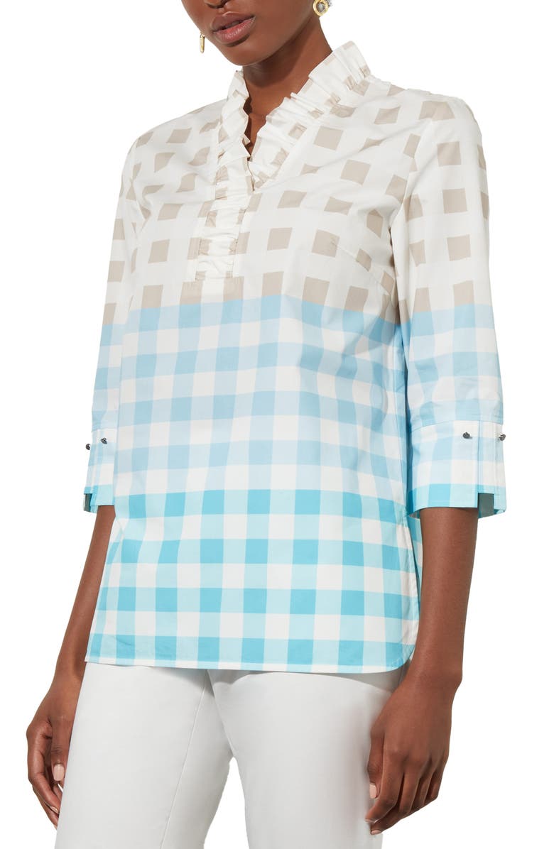 Ming Wang Ruffle Neck Gingham Shirt, Alternate, color,