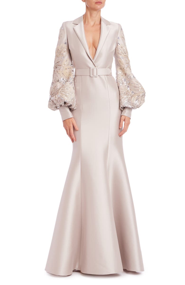 Badgley Mischka Collection Plunge Neck Beaded Long Sleeve Trumpet Gown, Main, color,