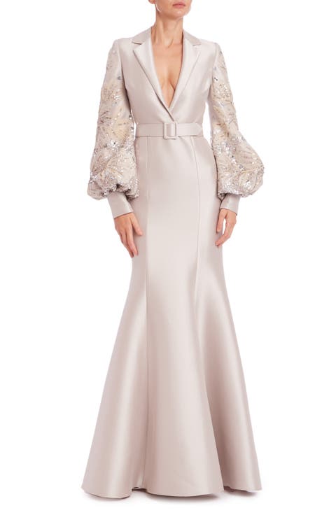 Beading Puffy Sleeve Satin Beige Trumpet Mermaid Prom Dress