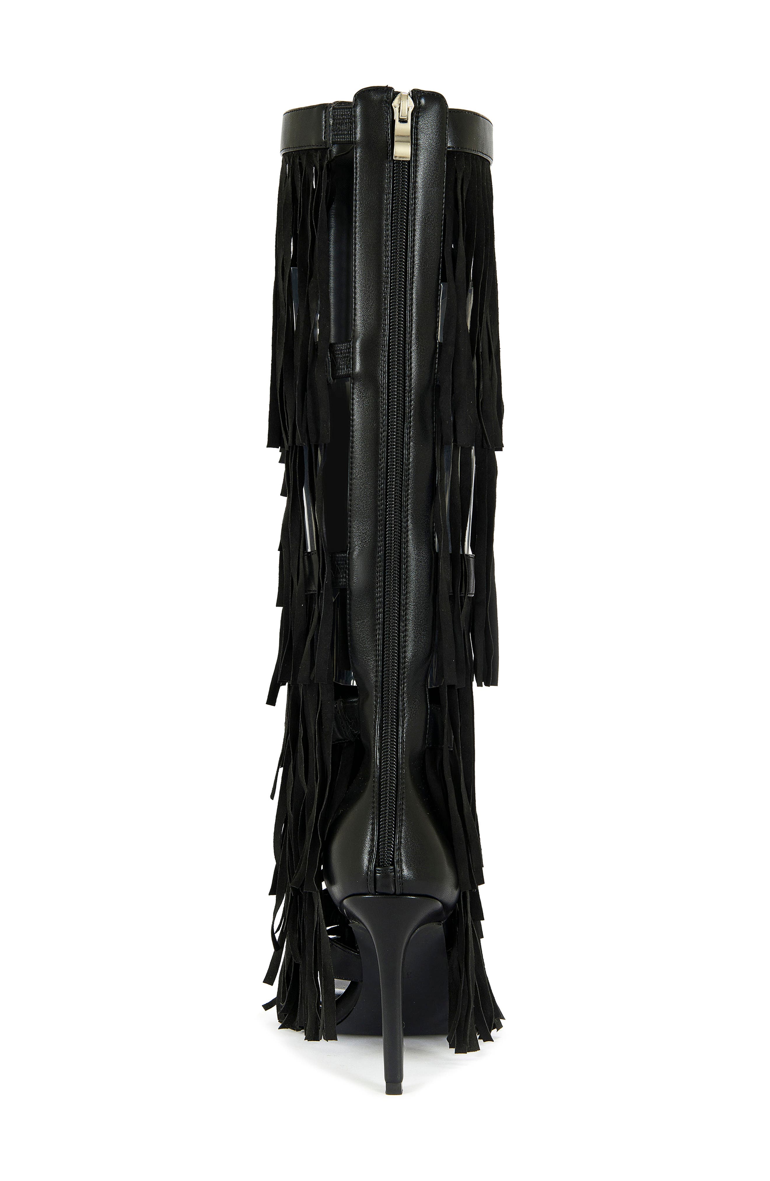 AZALEA WANG Amadeo Knee High Fringe Sandal, Alternate, color, Black
