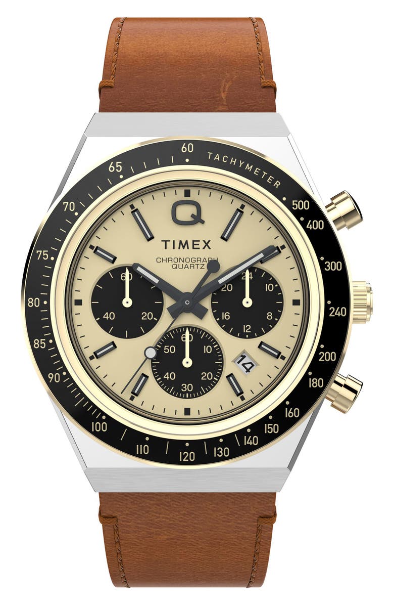Timex<sup>®</sup> Q Chronograph Leather Strap Watch, 40mm, Main, color, Brown