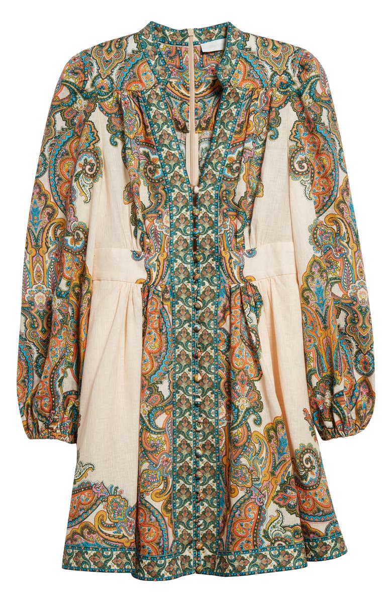 Zimmermann Ottie Paisley Long Sleeve Linen Minidress, Alternate, color, 