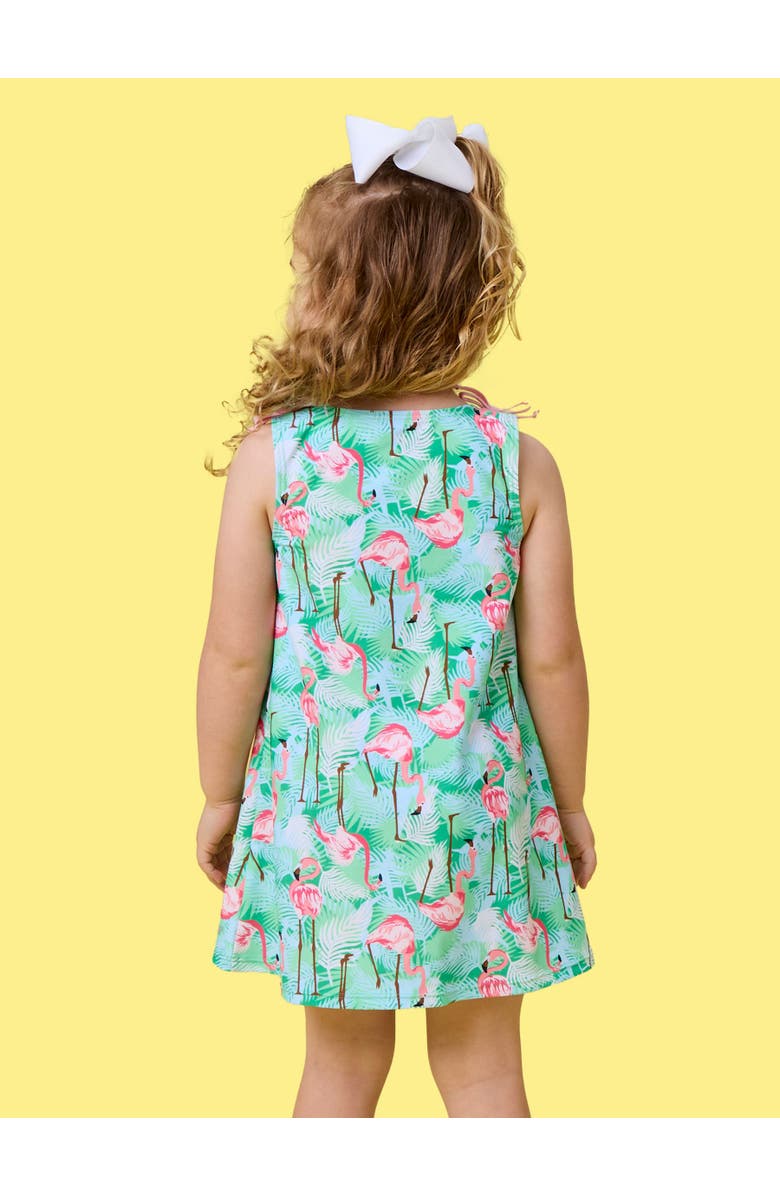 RuffleButts UPF50+ Active A-Line Bow Dress & Bike Short Set, Alternate, color, Green Vibrant Flamingo