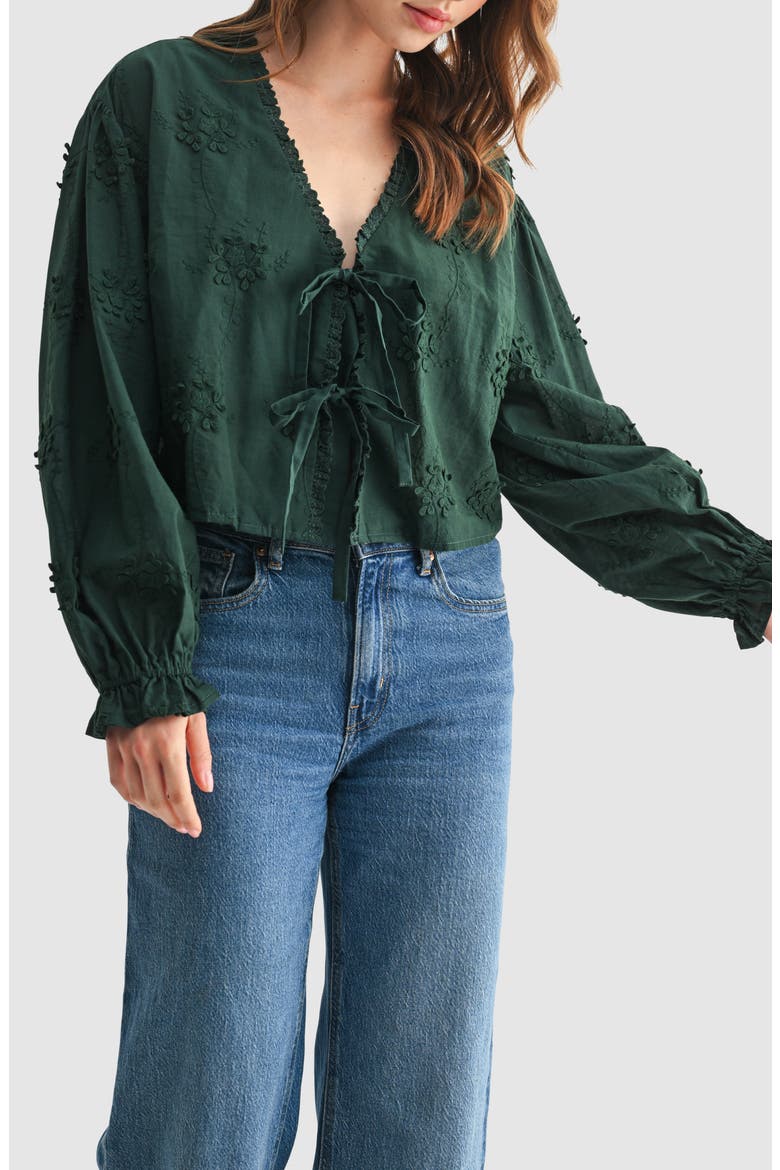 Flower Appliqué Tie Front Cotton Top, Alternate, color, HUNTER GREEN