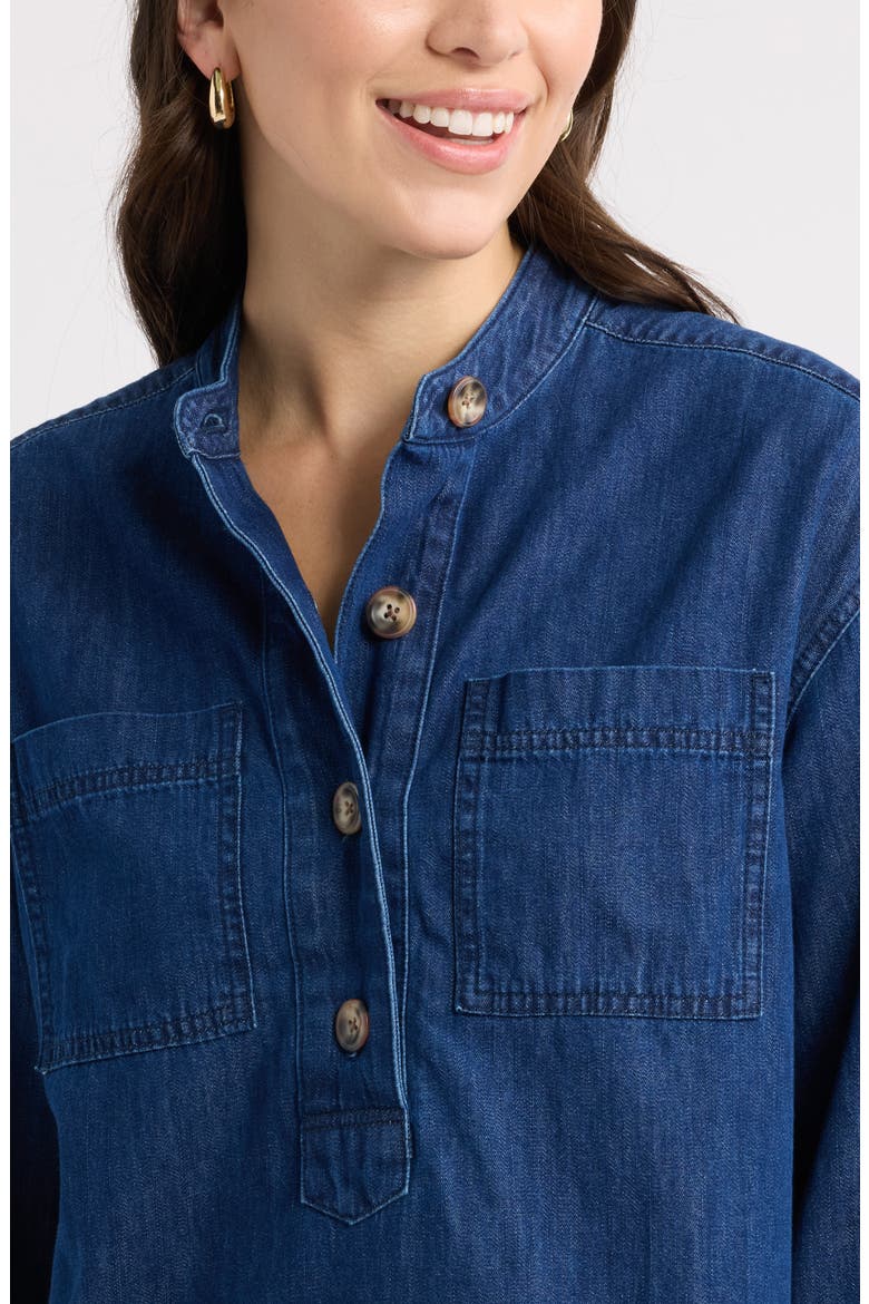 Chambray Henley Popover Top, Alternate, color, DARK WASH