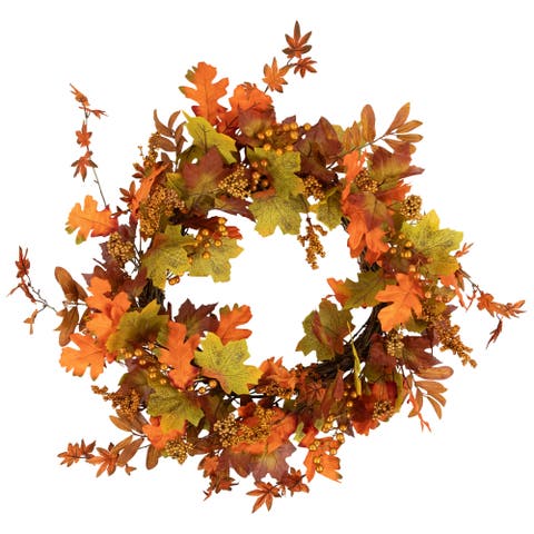 Mixed Autumn Leaves and Golden Berries Artificial Fall Harvest Twig Wreath - 22"