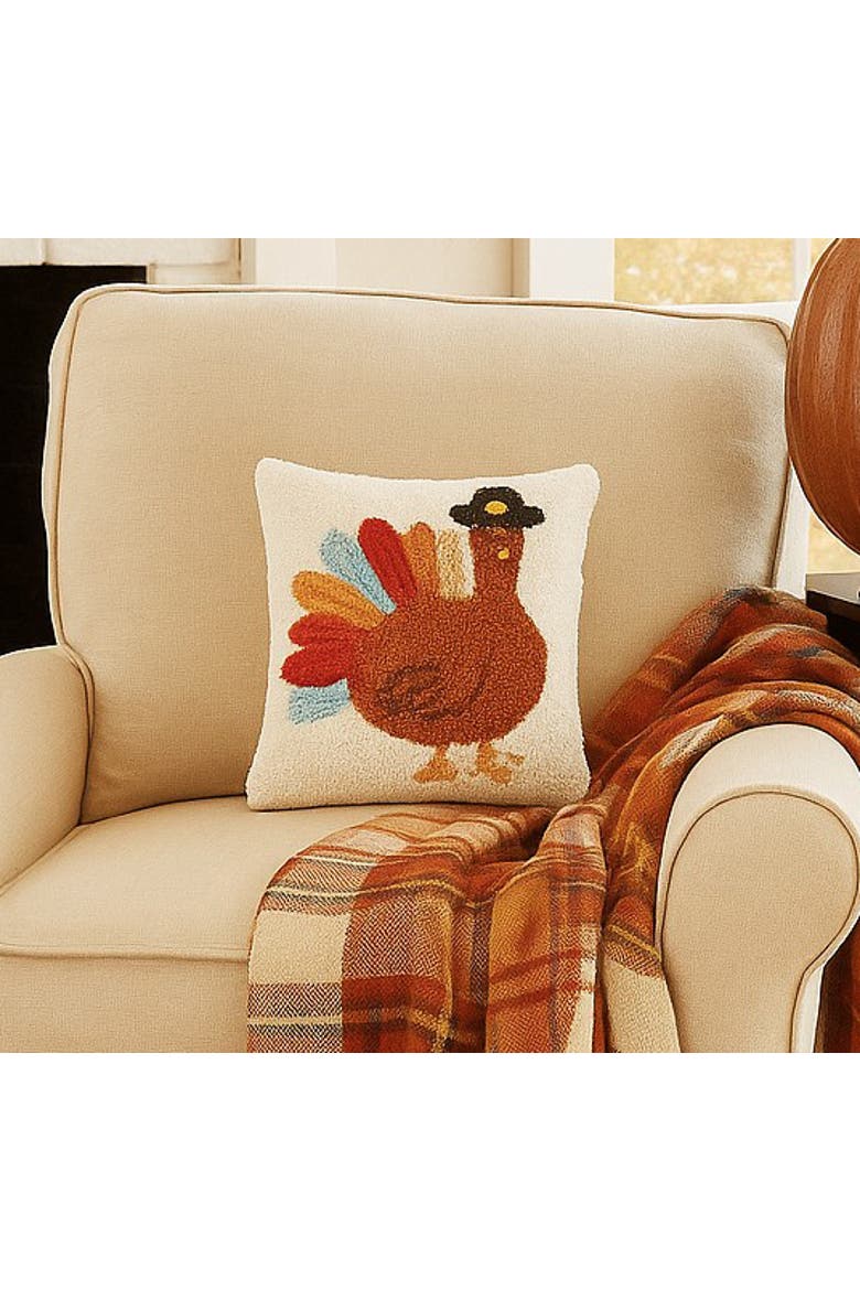 Colorful Turkey Tail Pilgrim Hat Hooked Mini Thanksgiving Accent Pillow 10" x 10", Alternate, color, Brown
