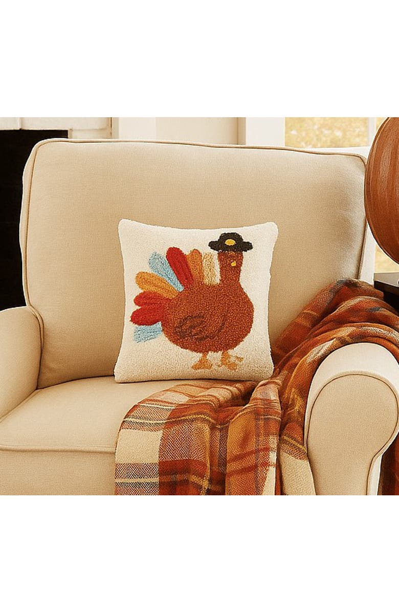 C&F Home Colorful Turkey Tail Pilgrim Hat Hooked Mini Thanksgiving Accent Pillow 10" x 10", Alternate, color, 