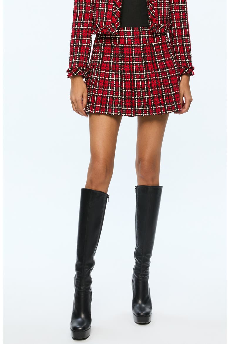 Mera Plaid Pleated Tweed Miniskirt, Main, color, SCHOOLGIRL PLAID BRIGHT RUBY