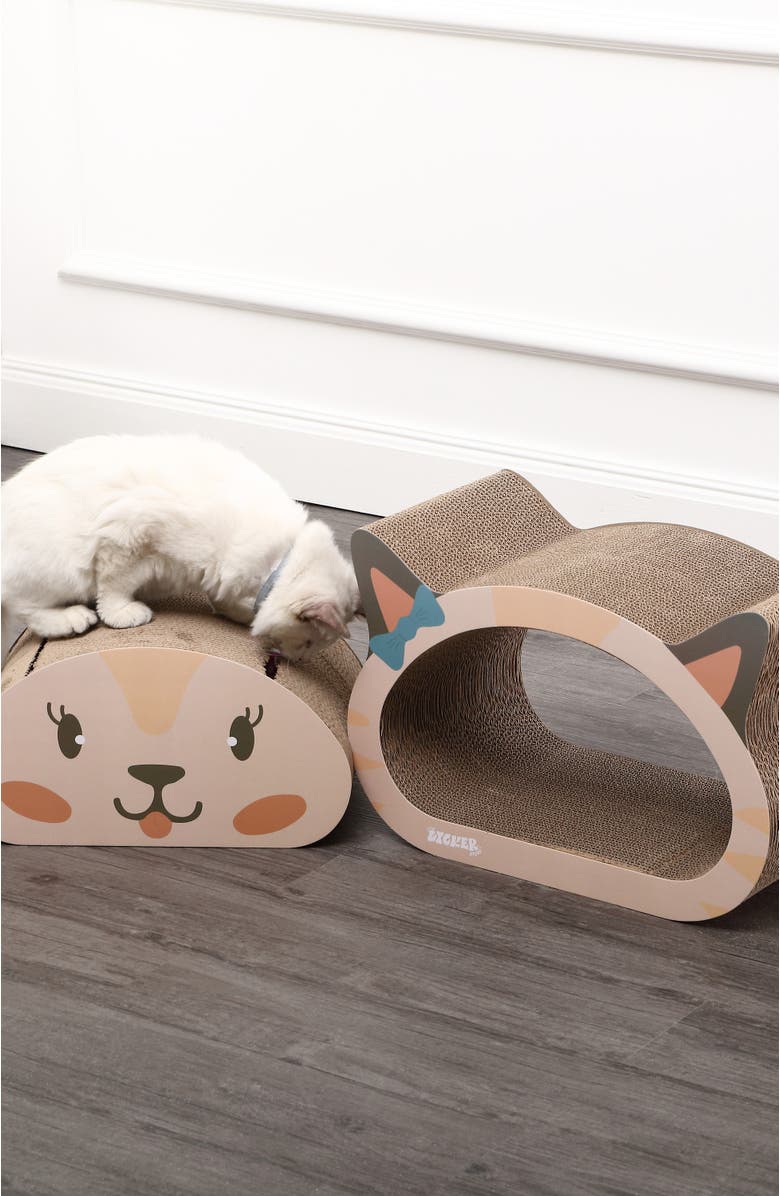 The Licker Store Opal Modern Cardboard Happy Cat Head 2-in-1 Cat Cave Scratcher with Built-In Bell Toys and Catnip, Alternate, color, Cream/Peach