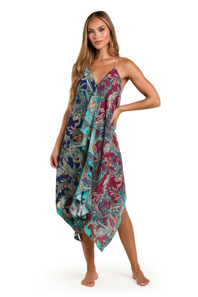 Bessarabian Paisley Midi Cover-Up Dress, Alternate, color, BLUE/ GREEN MULTI