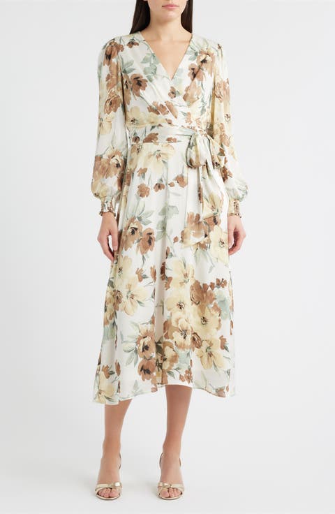 Floral Long Sleeve Faux Wrap Midi Dress