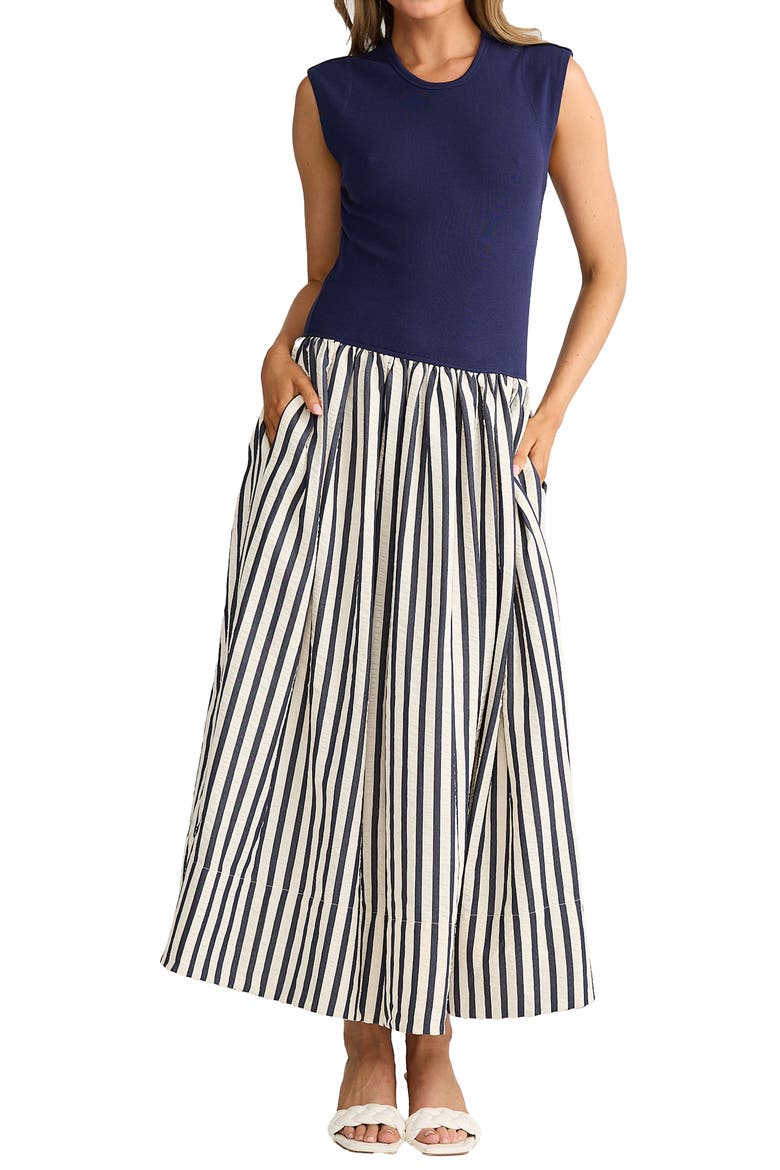 Daphne Sleeveless Mixed Media Dress, Main, color, NAVY WIDE STRIPE